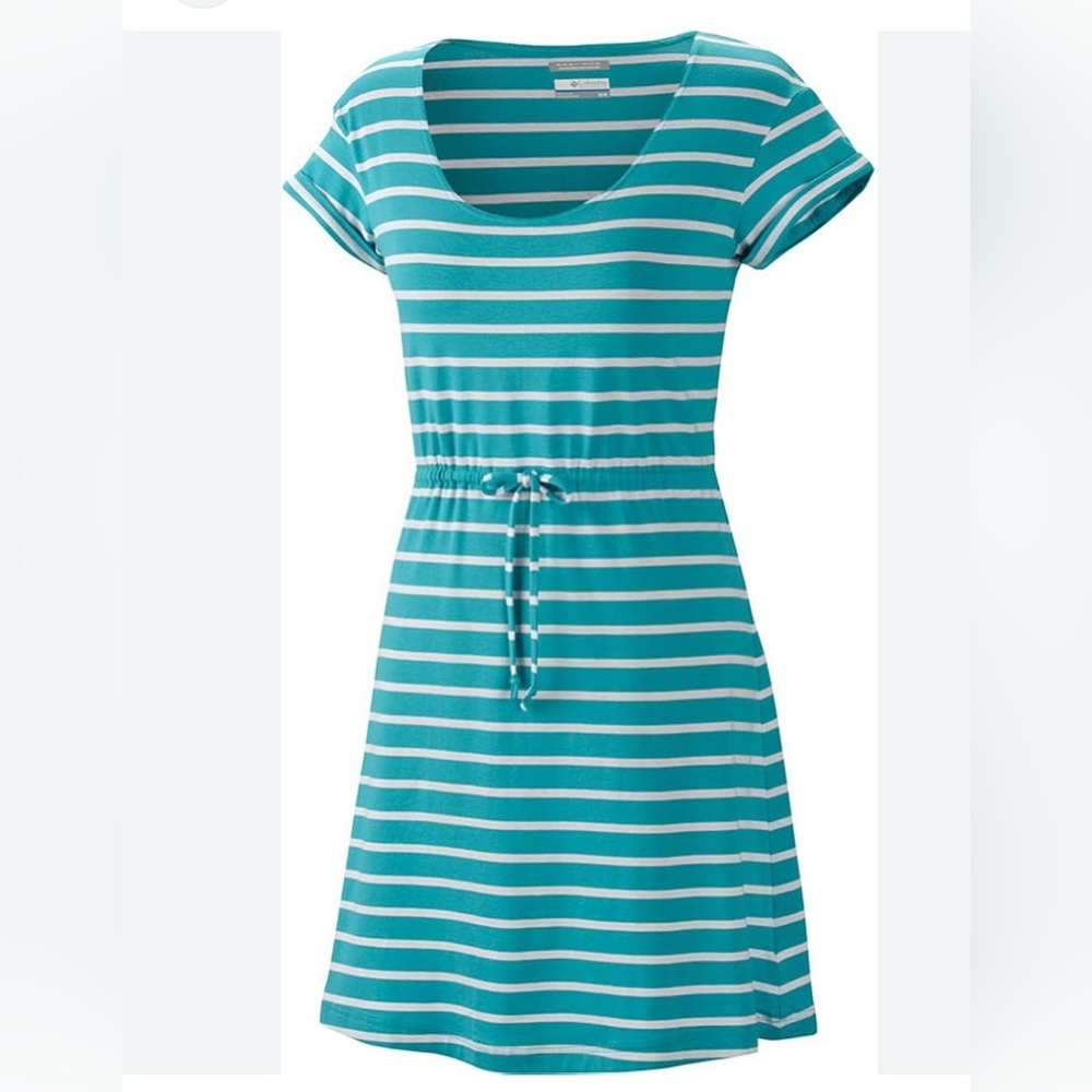 Columbia PFG A-Line Dress Women’s Small Blue White Stripes Tie Waist Omni-Wick